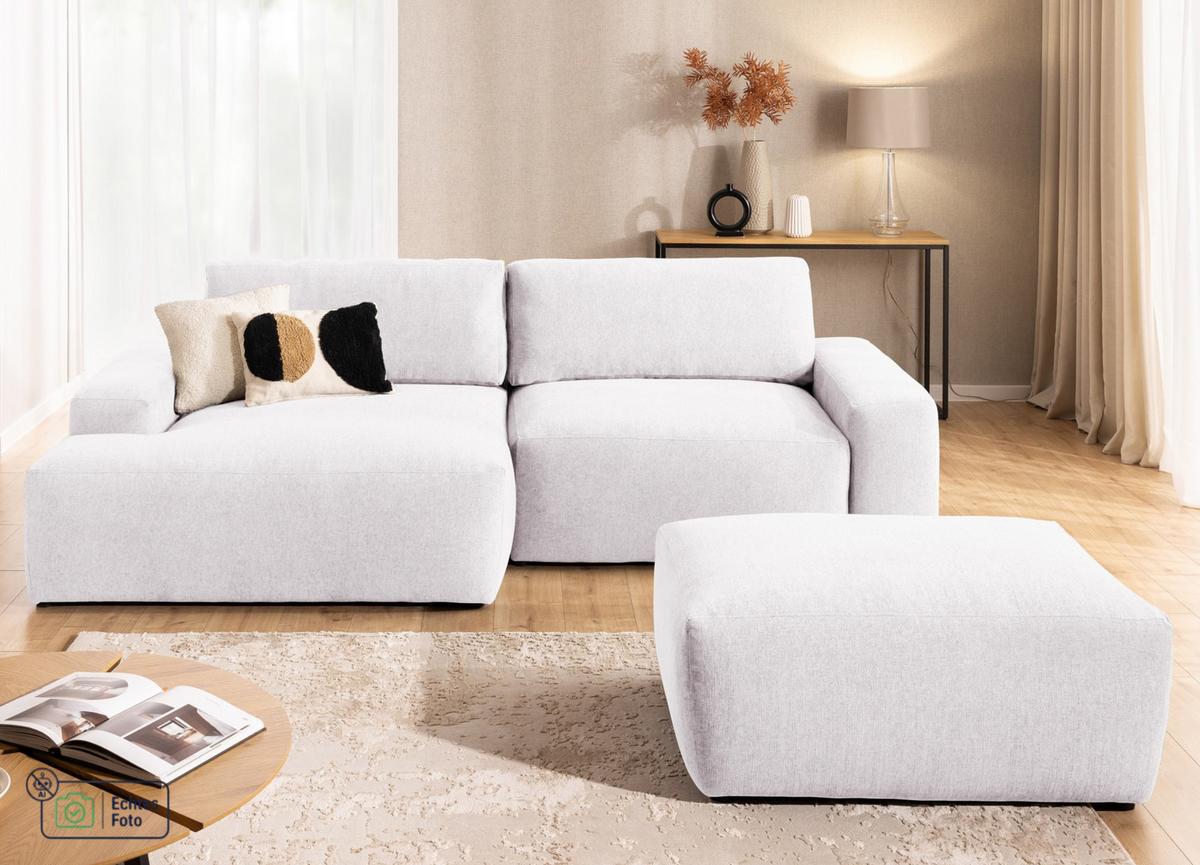 ECKSOFA inkl. Hocker Lennon aus Creme Strukturstoff mit Schlaffunktion und Bettkasten - Creme/Schwarz, Holz/Kunststoff (137/264cm) - S-Style