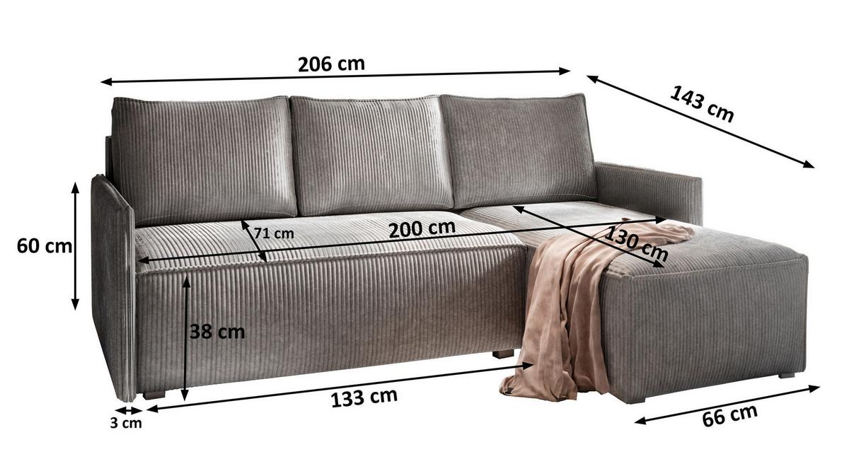 ECKSOFA PERUSI Grau Kordstoff mit Schlaffunktion - Grau, Holz/Kunststoff (206/143cm) - MASSENO