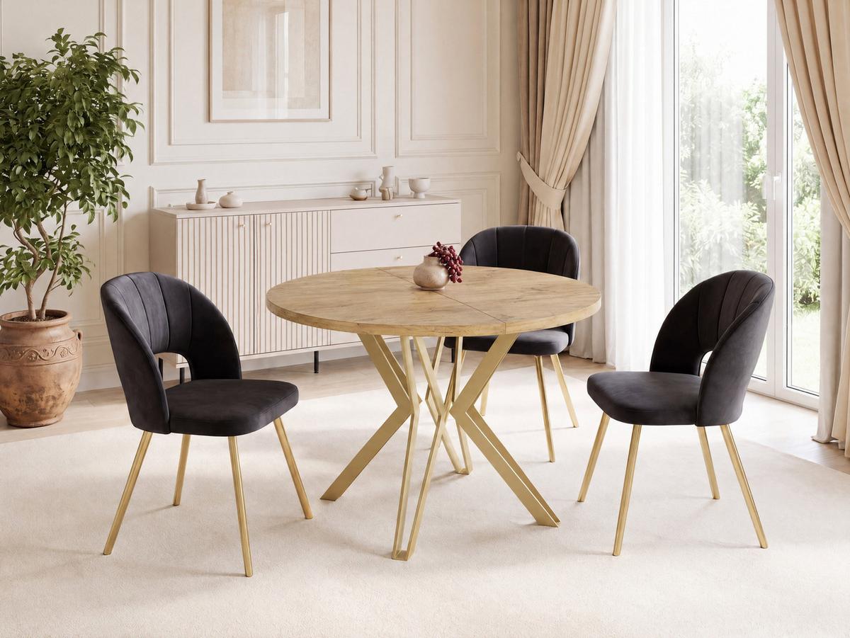 ESSTISCH Daisy runder ausziehbarer, Lancelot Eiche 100-180/100/76 cm - Eichefarben/Goldfarben, Holzwerkstoff/Metall (100/180/76cm) - WFL GROUP
