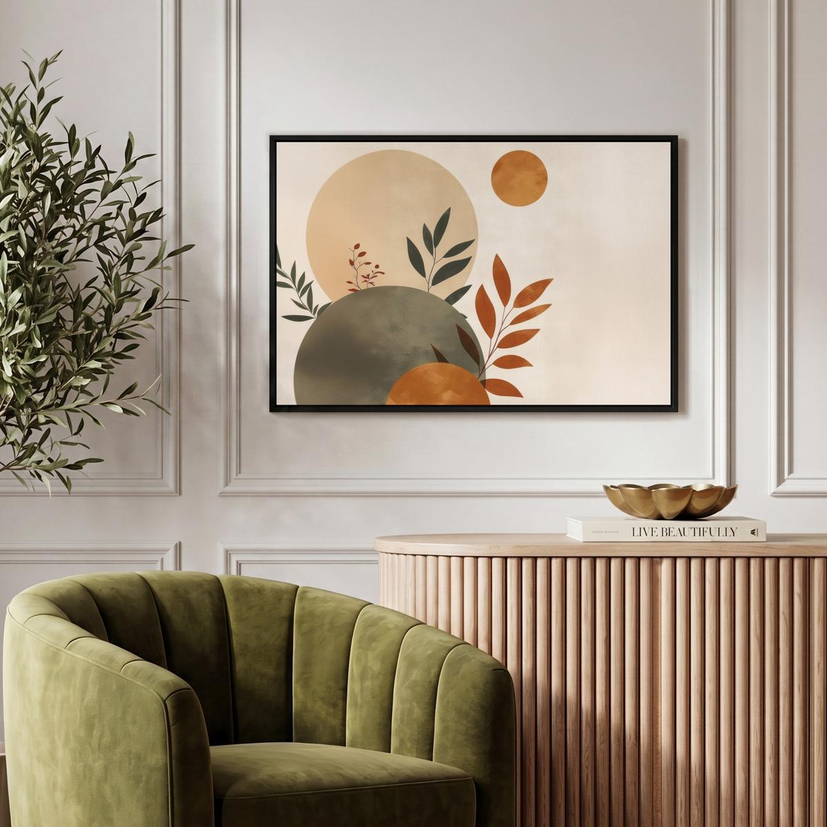 LEINWAND Bilder mit Rahmen - Formen - Rund - Blätter - Beige - 60x40 - Rostfarben, Textil (60/40cm) - MuchoWow