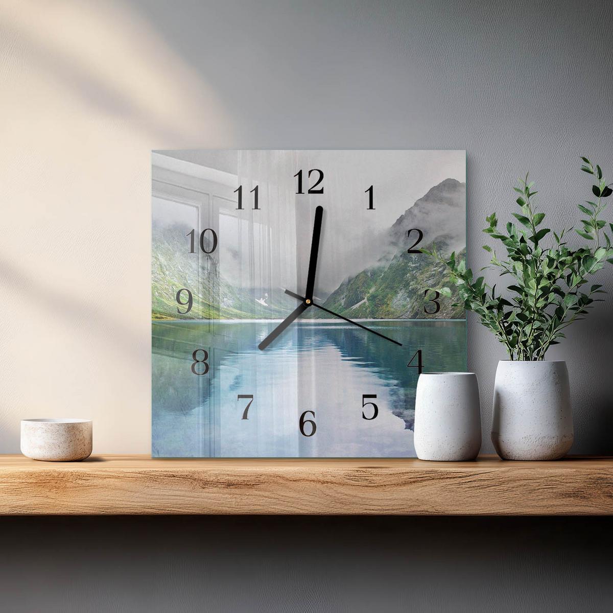 WANDUHR aus Glas 30x30 cm - Bergsee - Multicolor, Glas (30/30/0.4cm) - TULUP