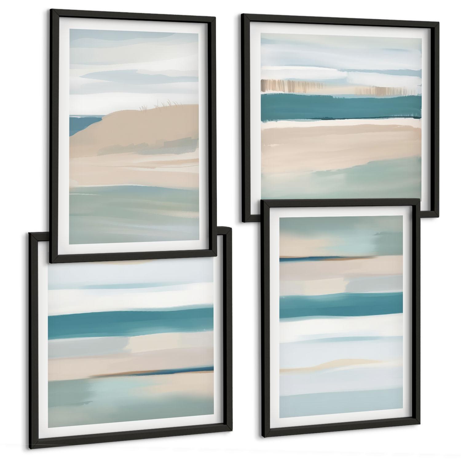 BILDER SET 4er Set - 50x50 cm & 40x60 cm Schwarzer Rahmen - Abstrakte blaue Landschaften - Schwarz, Kunststoff (50/50cm) - TULUP