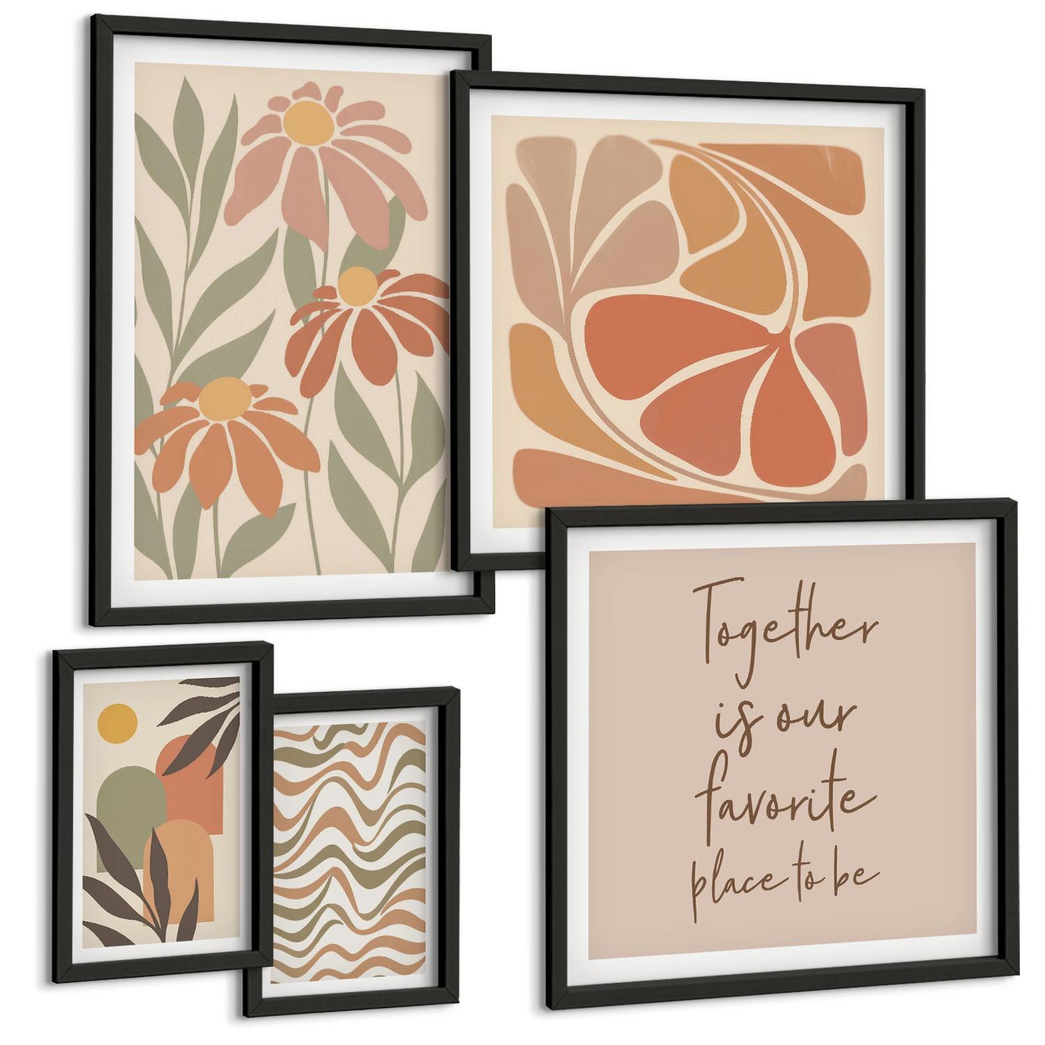 BILDER SET 5er Set - 50x50 cm & 20x30 cm & 40x60 cm Schwarzer Rahmen - Abstrakte Pastellblumen - Schwarz, Kunststoff (40/60cm) - TULUP