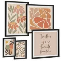 BILDER SET 5er Set - 50x50 cm & 20x30 cm & 40x60 cm Schwarzer Rahmen - Abstrakte Pastellblumen - Schwarz, Kunststoff (40/60cm) - TULUP