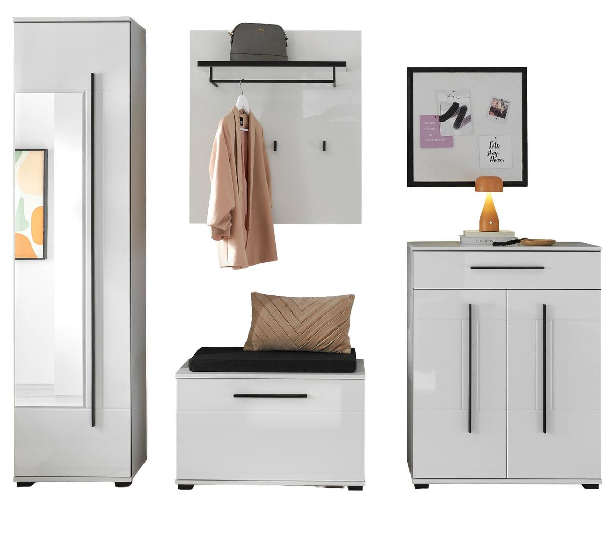 GARDEROBEN-SET weiß Hochglanz 5-teilig 230 cm, Flurgarderobe mit viel Stauraum - Dunkelgrau/Weiß Hochglanz, Glas/Holzwerkstoff (230/230/40cm) - Furn.Design