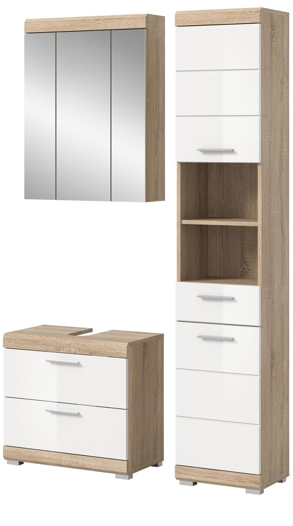 BADMÖBEL-SET weiß Hochglanz, Eiche 3-teilig 112 x 191 cm, viel Stauraum - Weiß Hochglanz/Eichefarben, Holzwerkstoff (112/191/37cm) - Inn.Furn