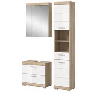 BADMÖBEL-SET weiß Hochglanz, Eiche 3-teilig 112 x 191 cm, viel Stauraum - Weiß Hochglanz/Eichefarben, Holzwerkstoff (112/191/37cm) - Inn.Furn
