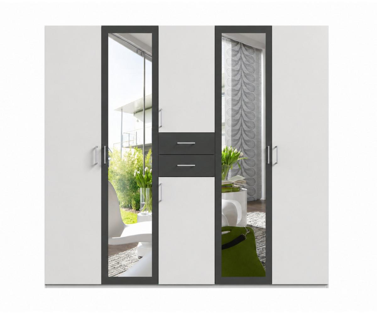 DREHTÜRENSCHRANK B225/H208/T58 cm, Weiß mit Absetzungen in Grafit, Kleiderschrank mit 2 Spiegeltüren & Schubkästen / 22590 - Silberfarben/Graphitfarben, Holzwerkstoff/Kunststoff (225/208/58cm) - luma-home