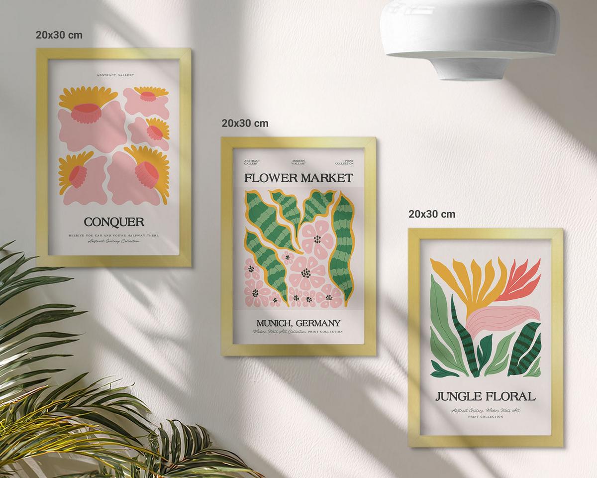 BILDER SET 3er Set - 20x30 cm Goldrahmen - Blumen und Blätter – moderne Poster - Goldfarben, Kunststoff (20/30cm) - TULUP