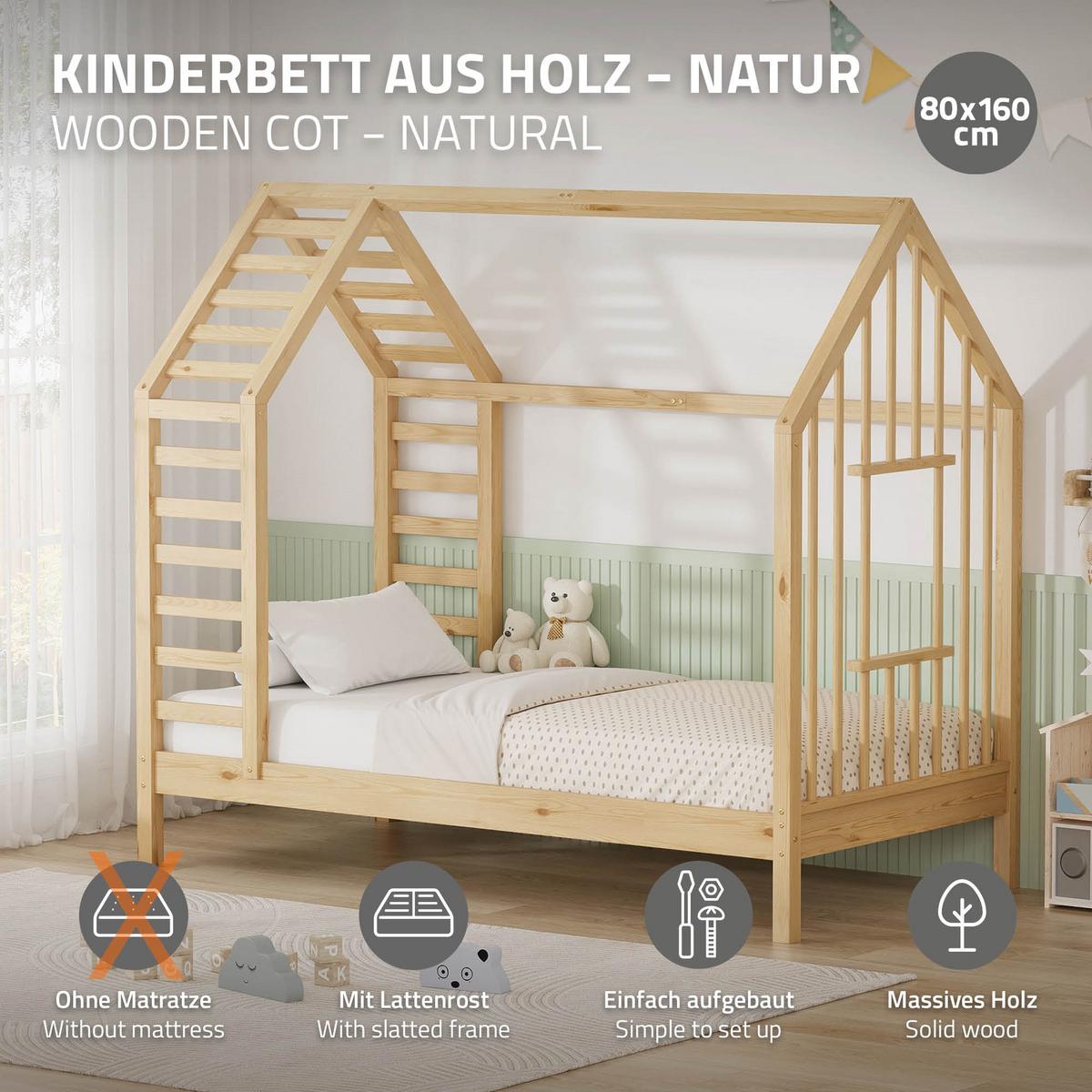 KINDERBETT 80x160 cm mit Lattenrost Dach und Fenster Hausbett aus massivem Kiefernholz Natur - Naturfarben, Holz (80/160cm) - ML-DESIGN