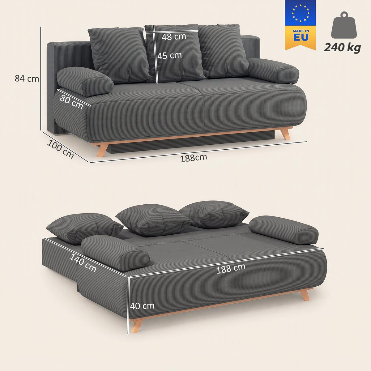 SCHLAFSOFA Cord Grau - Beige/Grau, Kunststoff/Textil (100/84/188cm) - HOMCOM