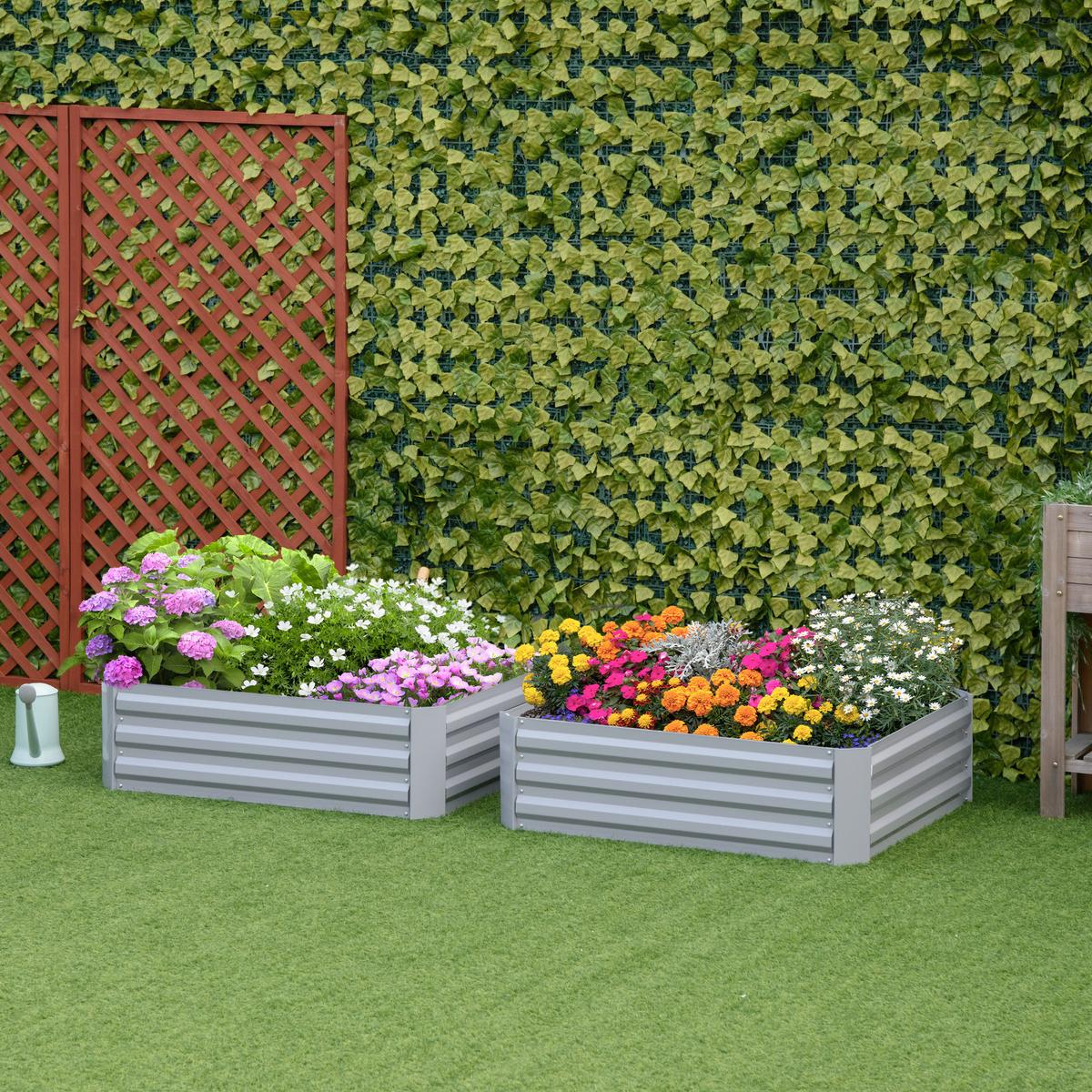 PFLANZENBEET-SET, Pflanzkübel, Blumenkübel für Garten, Terrasse, Verzinkter Stahl, Grau, 100 x 100 x 30 cm - Grau, Holz (100/30/100cm) - Outsunny