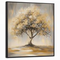 LEINWAND Bilder mit Rahmen - Gemälde - Baum - Abstrakt - Blätter - 90x90 - Beige, Textil (90/90cm) - MuchoWow