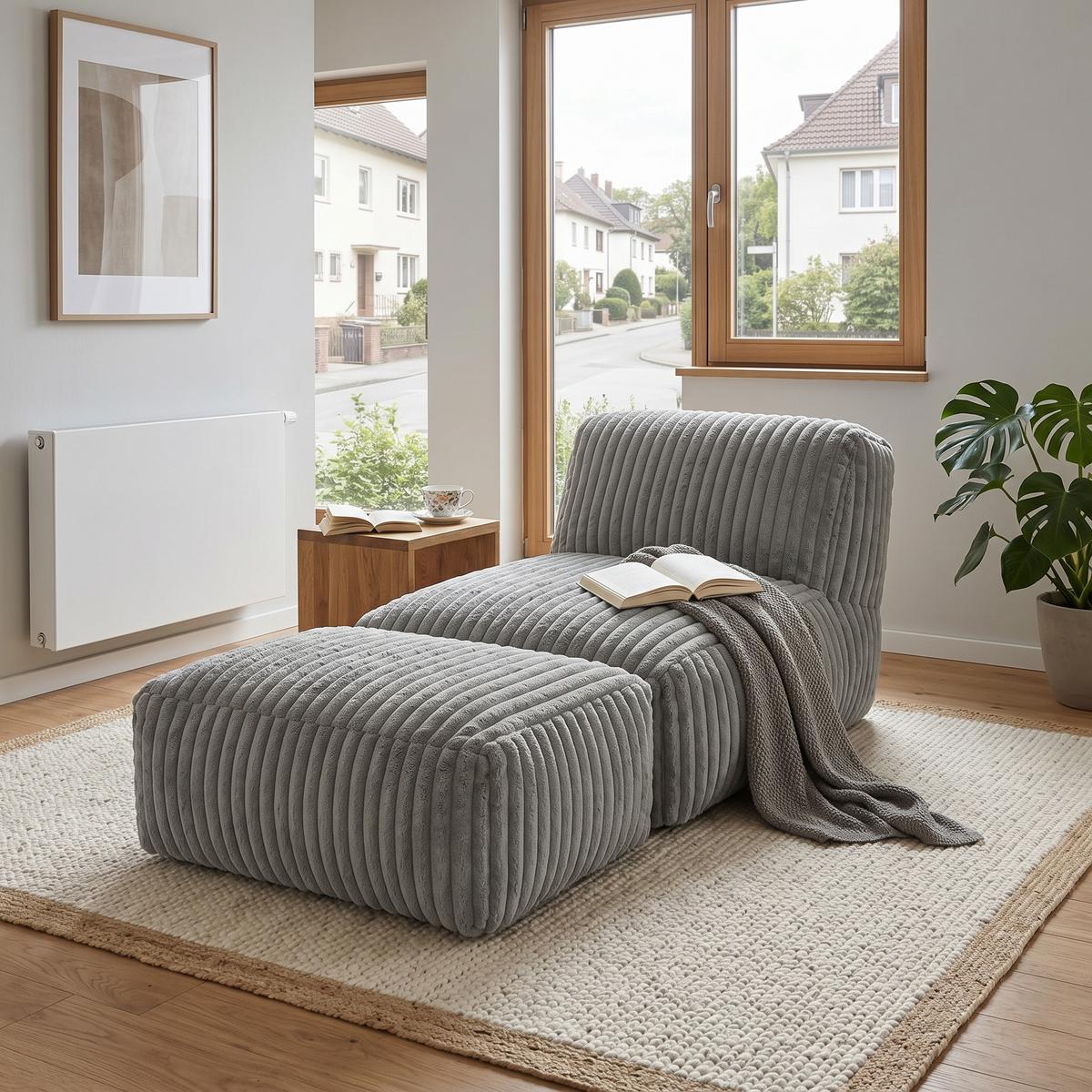 SESSEL MIT HOCKER aus Kordsamt modular und ergonomisch gepolstert - Hellgrau, Textil (160/66/80cm) - Urban Meuble