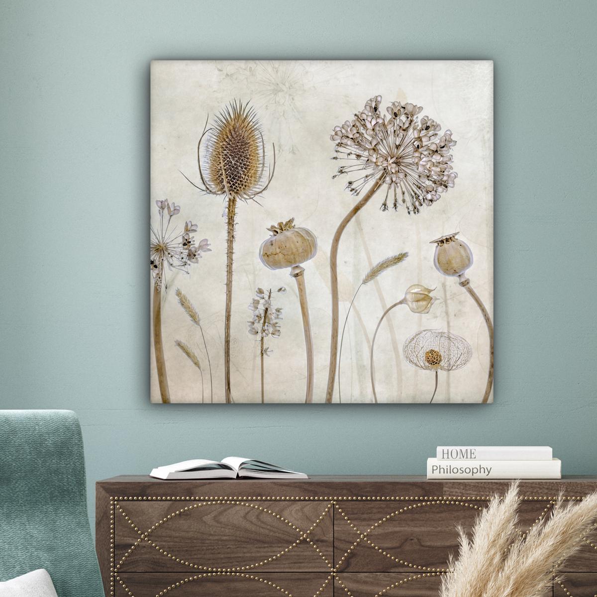 LEINWANDBILD Blumen - Aquarell - Stilleben - Braun - Vintage Deko Groß 90x90 cm - Beige, Textil (90/90cm) - MuchoWow