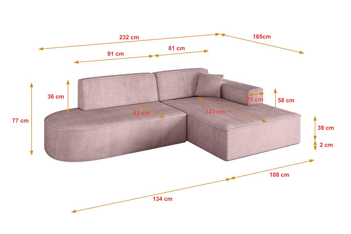 ECKSOFA Ottomane Rechts IREA-L1-v4 - 232x165x77 cm Rosa - Rosa, Holzwerkstoff/Textil (232/165cm) - ALTDECOR