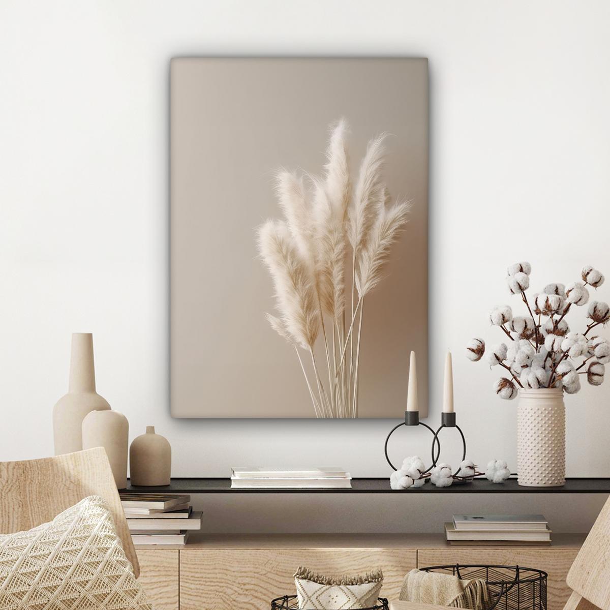 LEINWANDBILD Pampasgras - Federn - Pastell - Weiß Wandbild Wohnzimmer 60x80 cm - Naturfarben, Textil (60/80cm) - MuchoWow