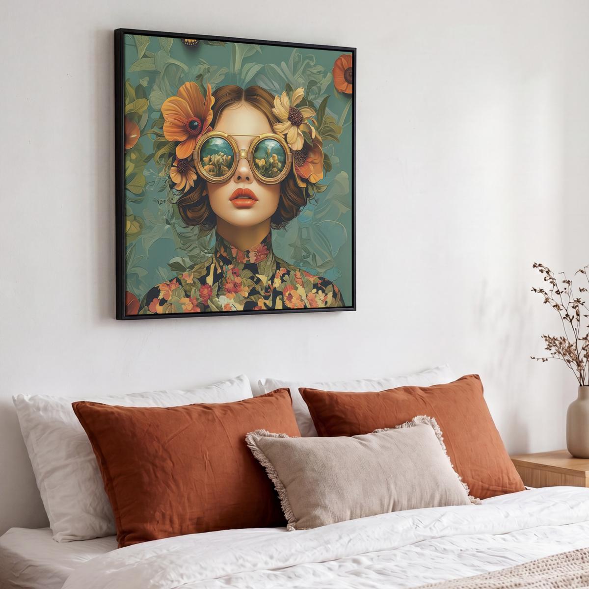 LEINWAND Bilder mit Rahmen - Frau - Blumen - Schmetterlinge - Natur - Vintage - 50x50 - Salbeigrün, Textil (50/50cm) - MuchoWow