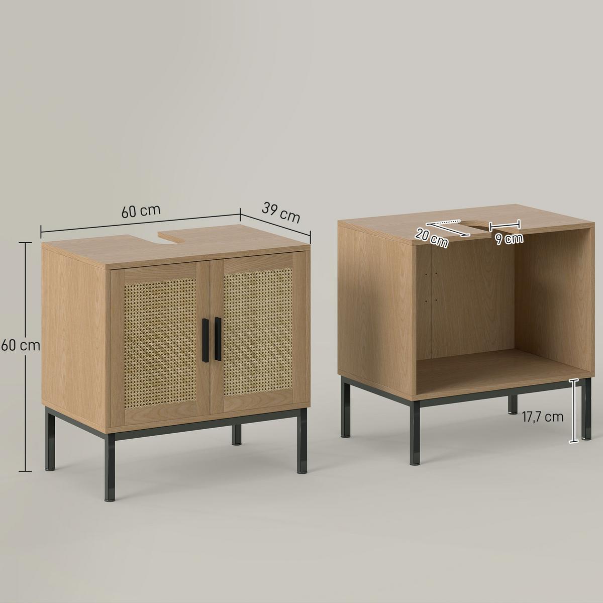 WASCHBECKENUNTERSCHRANK Unterschrank mit Schrankfach, Rattanoptik, Eiche - Eichefarben, Holz (39/60/60cm) - Kleankin