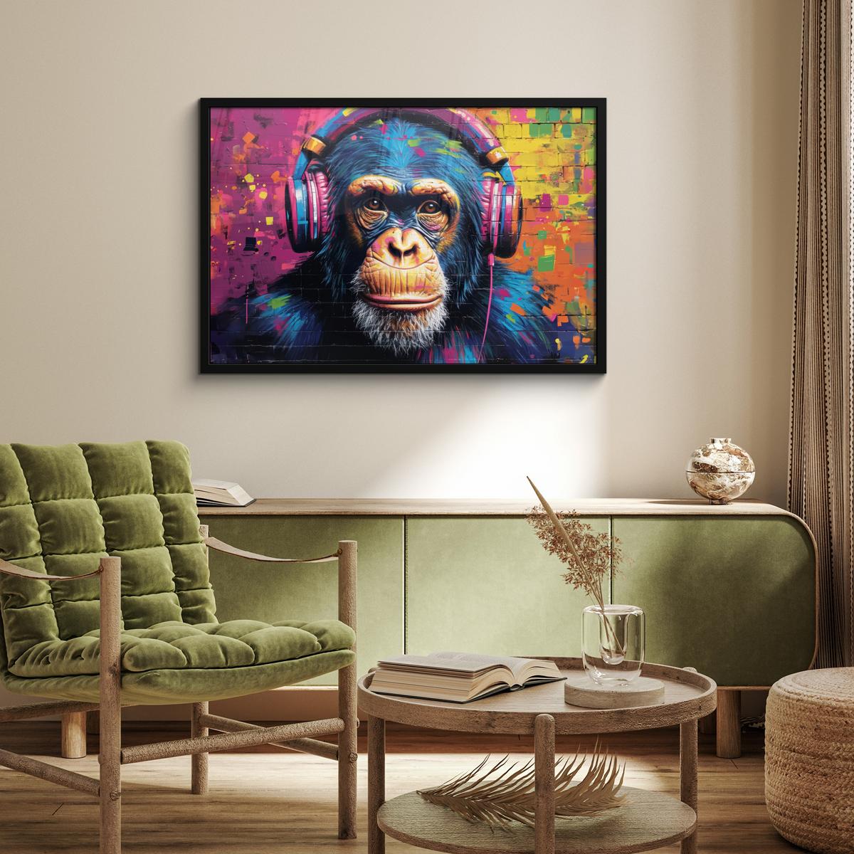 POSTER MIT RAHMENGERAHMTES BILD Graffiti - Schimpanse - Straßenkunst - Kopfhörer - Affe 90x60 cm - Blau, Papier (90/60cm) - MuchoWow