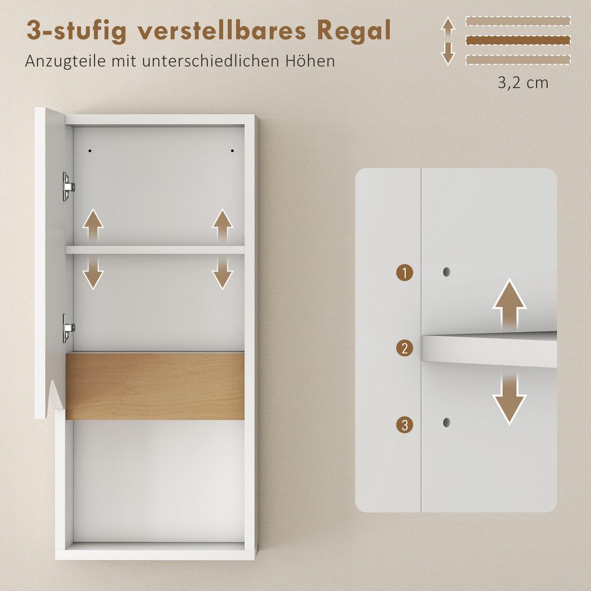 BADEZIMMERSCHRANK Wandschrank mit Soft-Close-Tür und offenem Fach Weiß - Weiß, Holzwerkstoff (17/67/30cm) - HOMCOM