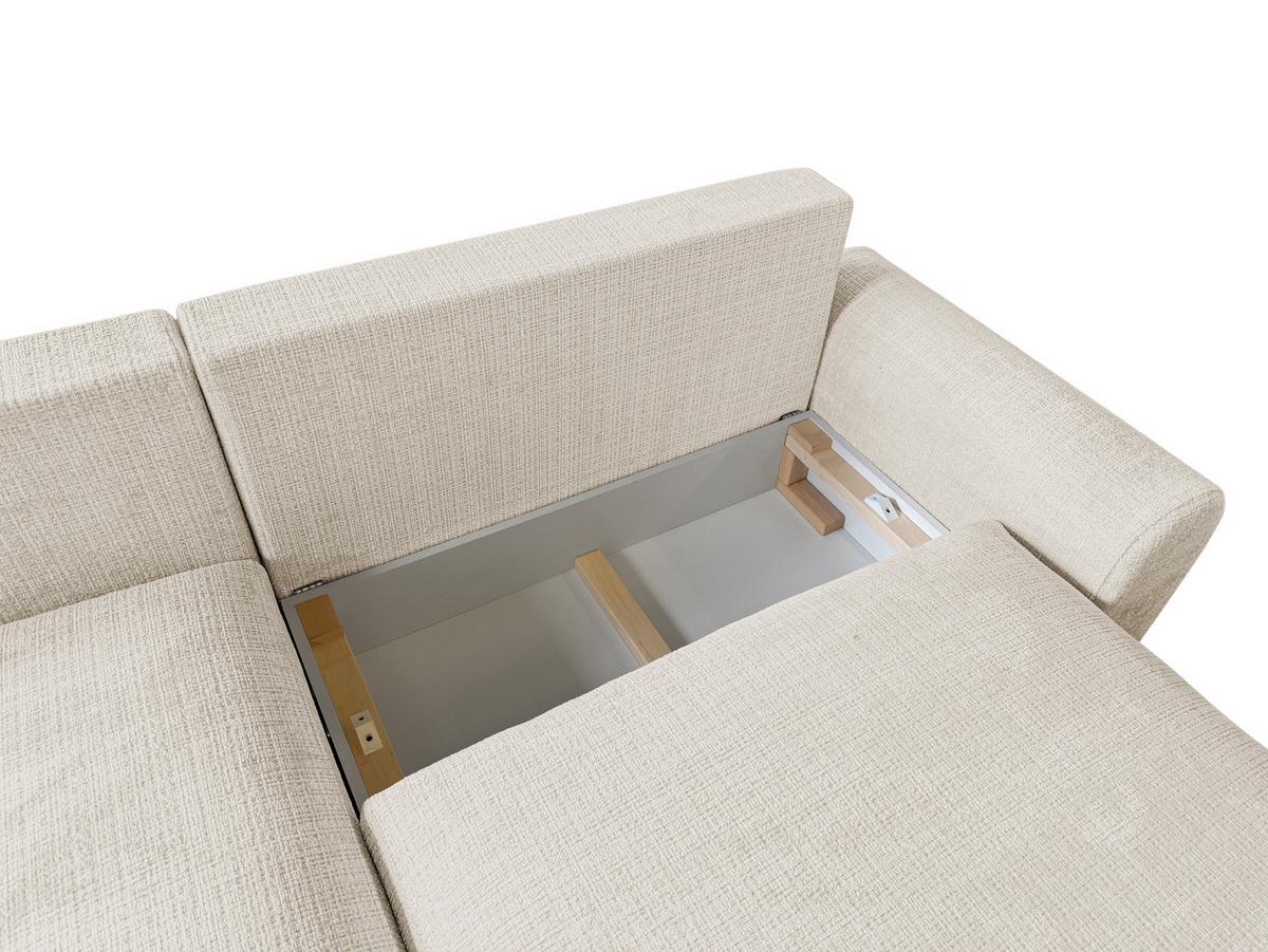 ECKSOFA Melvano mit Schlaffunktion und Bettkasten im Japandi-Stil aus weichem Beige Chenille-Stoff - Creme/Schwarz, Holz/Kunststoff (145/240cm) - S-Style