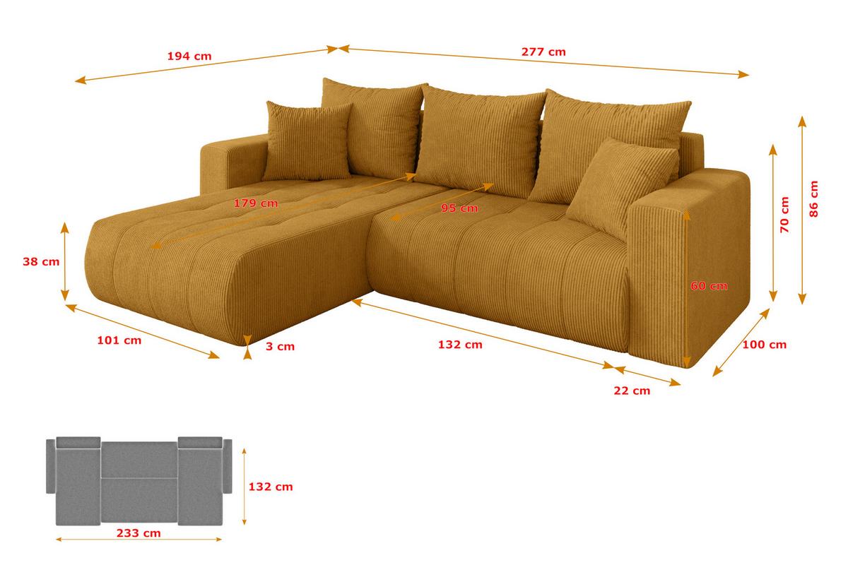 ECKSOFA mit Schlaffunktion Ottomane Links MILA-L 277x194x86 Senfgelb Cord - Dunkelgelb/Schwarz, Holzwerkstoff/Kunststoff (277/194cm) - ALTDECOR