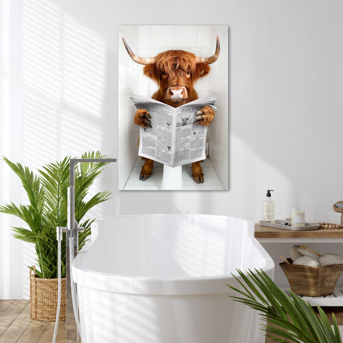 LEINWANDBILD Schottischer Highlander - Tier - Zeitung - Toilette Wanddeko Schlafzimmer 60x90 cm - Kastanienfarben, Textil (60/90cm) - MuchoWow
