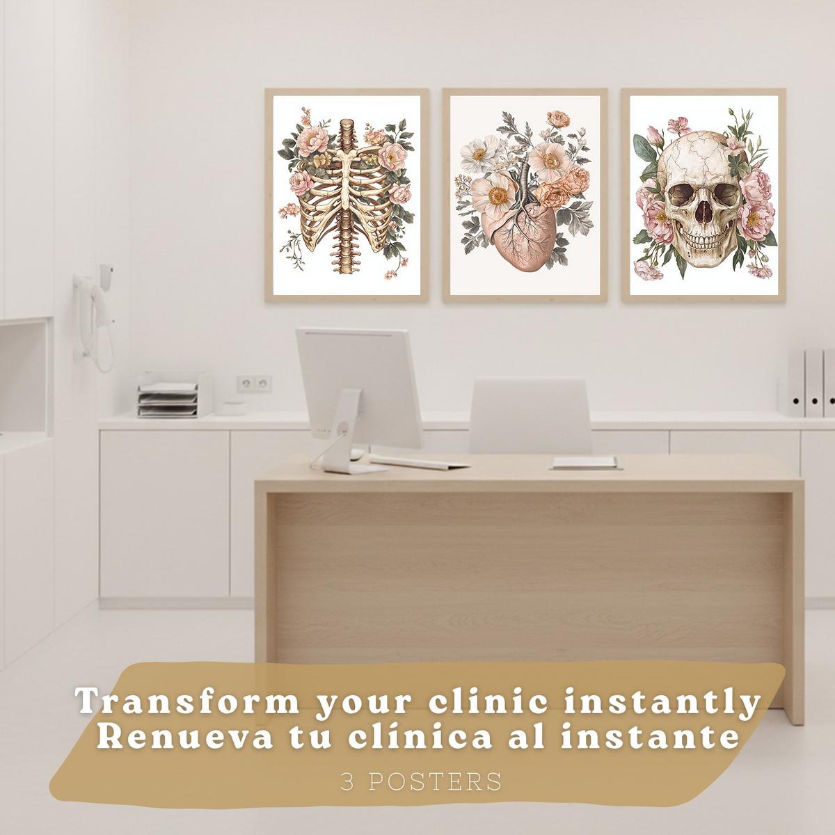 POSTER Set aus 3 Anatomie Mensch Florale Drucke und Wandbilder mit Herz Schädel und Brustkorb Weicher Vintage Stil Größe Leichter Holzrahmen A3 - Beige, Papier (29.7/42/3cm) - Nacnic