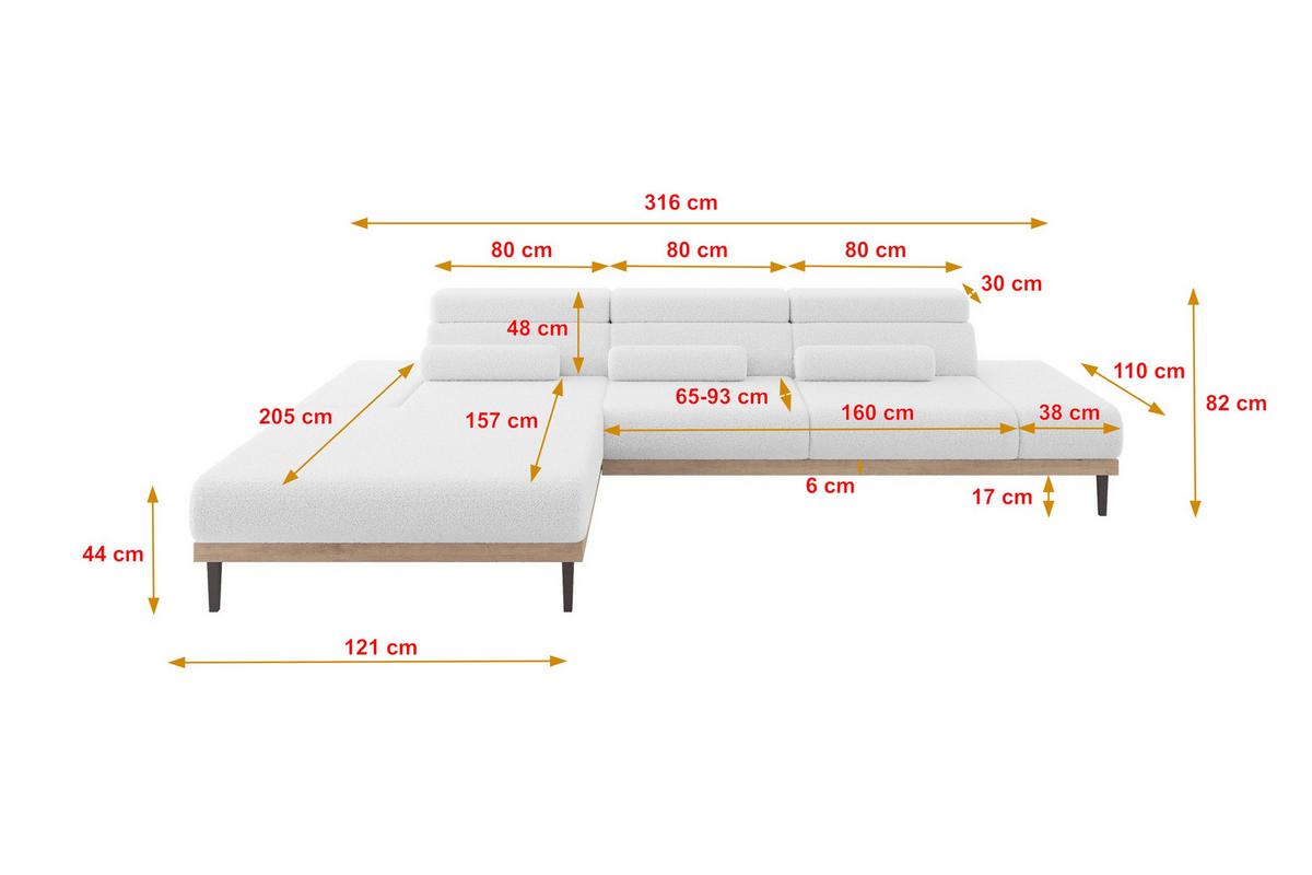 ELEKTRISCHES ECKSOFA Links MONA 316x205x85 Weiß Bouclé - Weiß, Holzwerkstoff/Textil (316/205cm) - ALTDECOR