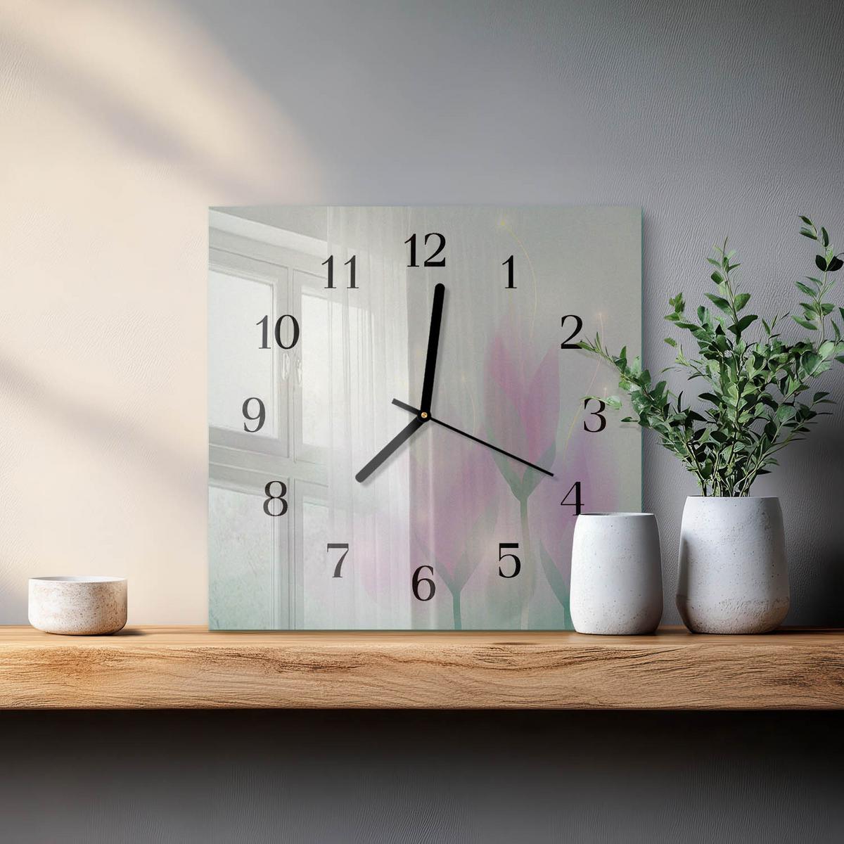 WANDUHR aus Glas 30x30 cm - Blumen - Pink, Glas (30/30/0.4cm) - TULUP