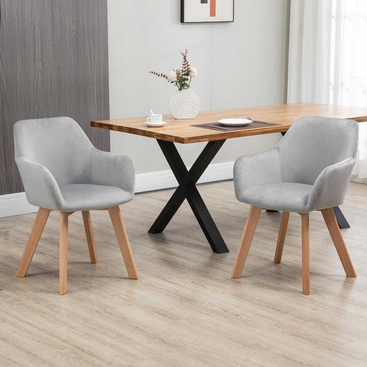 ESSZIMMERSTÜHLE 2er Set, Küchenstuhl mit Armlehne, Rückenlehne, Samtoptik, Grau - Naturfarben/Grau, Holz/Kunststoff (57/80/54cm) - HOMCOM