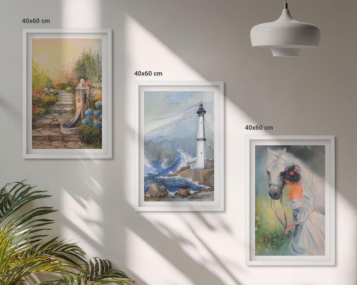 BILDER SET 3er Set - 40x60 cm Weißer Rahmen - Landschaft Leuchtturm Pferd Mädchen - Weiß, Kunststoff (40/60cm) - TULUP