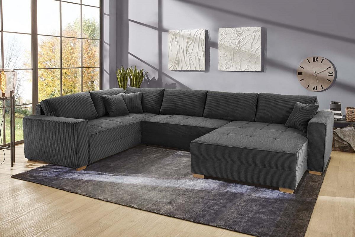 WOHNLANDSCHAFT Schlaffunktion Bettkasten Wellenunterfederung, spiegelverkehrt montierbar U-Form B379/T227/H86 cm, Cord Dunkelgrau / 15198 - Dunkelgrau/Eichefarben, Holz/Textil (379/86/227cm) - luma-home