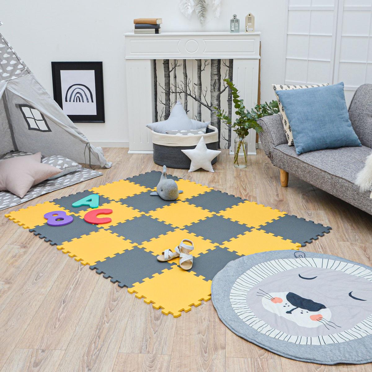SPIELMATTE ab Null - 180/90/1 cm Puzzlematte Grau - Gelb/Grau, Kunststoff (30/30cm) - Littletom
