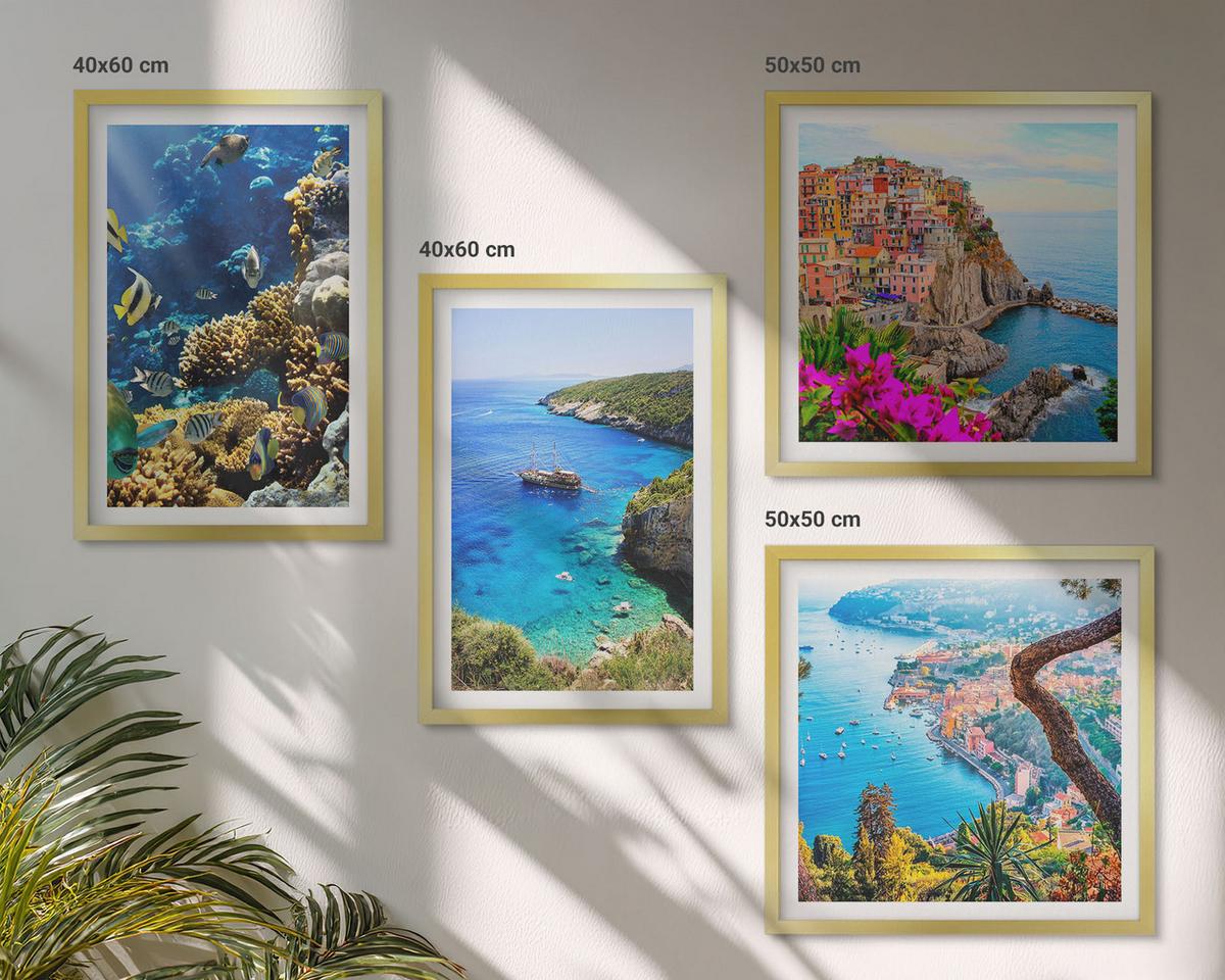 BILDER SET 4er Set - 50x50 cm & 40x60 cm Goldrahmen - Meerblick, farbenfrohe Häuser - Goldfarben, Kunststoff (50/50cm) - TULUP