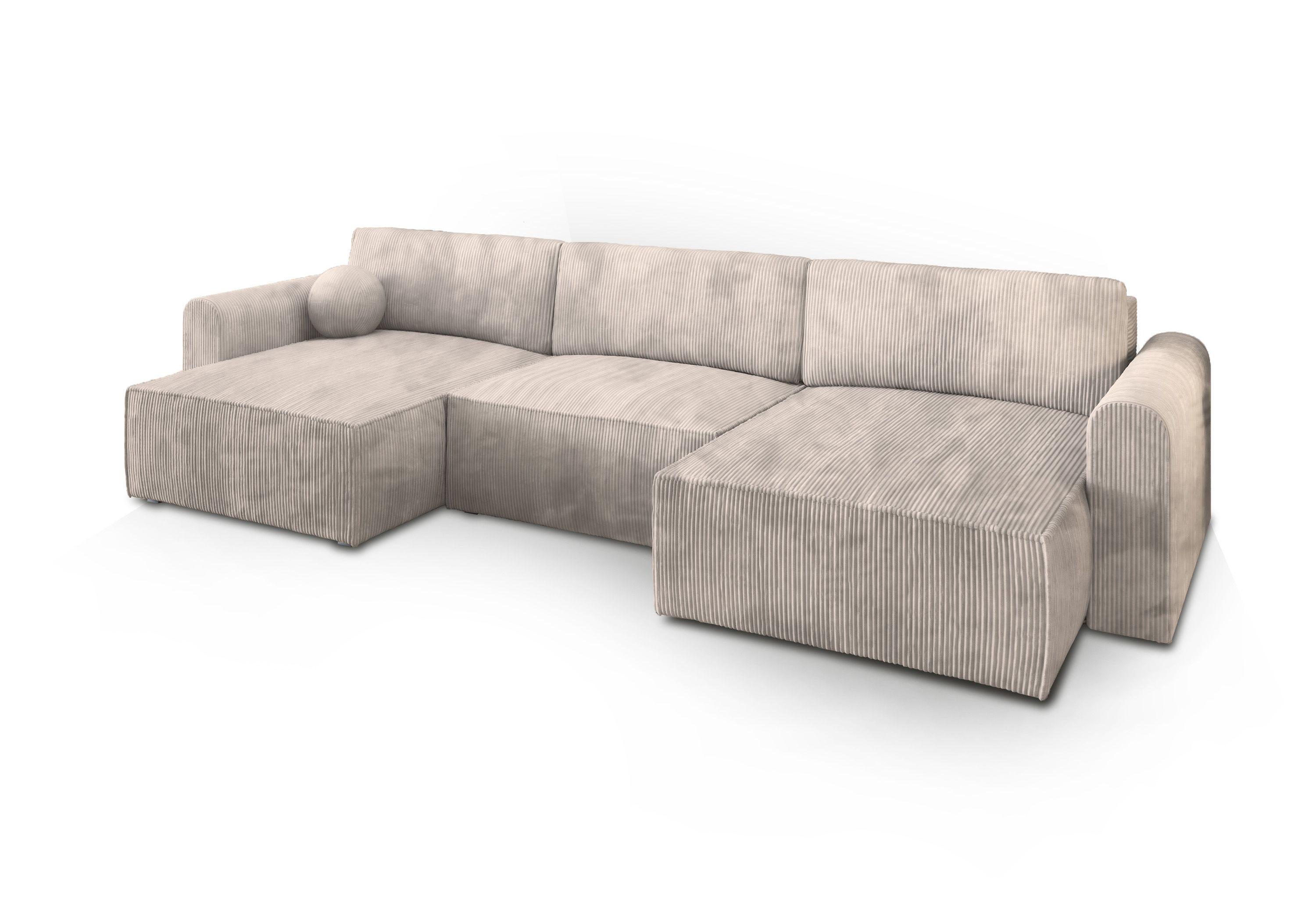 WOHNLANDSCHAFT FENTO P Creme Kordstoff mit Schlaffunktion - Creme/Grau, Holz/Kunststoff (347/90/148cm) - MASSENO