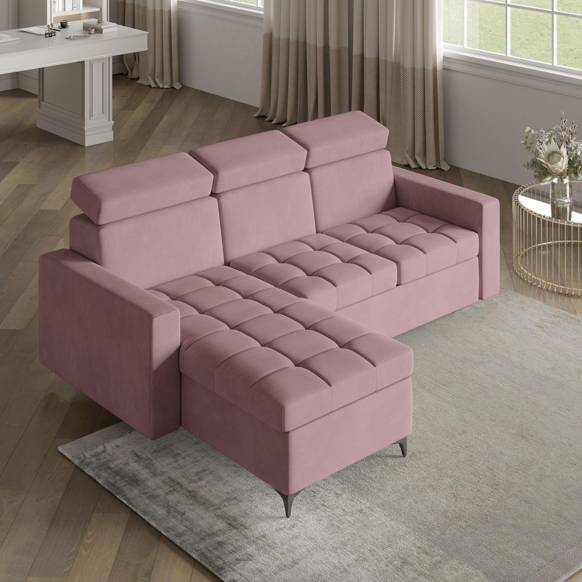 ECKSOFA KAME Rosa Plüsch-Stoff mit Schlaffunktion - Schwarz/Rosa, Holz/Textil (227/168cm) - MASSENO