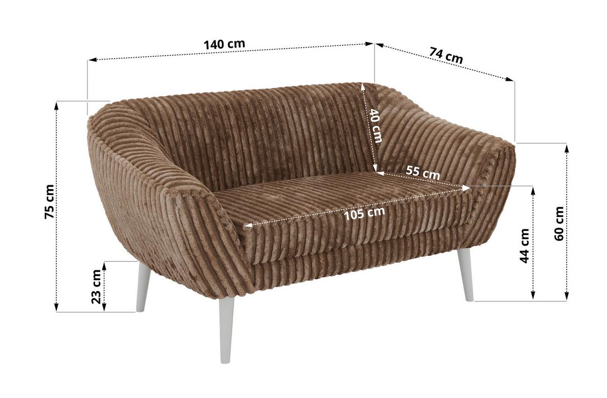 2-SITZER-SOFA PIRS - Braun Cord - Weiße Beine - Braun/Weiß, Holzwerkstoff/Textil (140/75/74cm) - MKS
