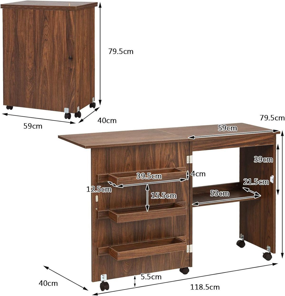 NÄHSCHRANK 2 in 1 Schreibtisch Braun - Braun, Holz (40/119/80cm) - COSTWAY