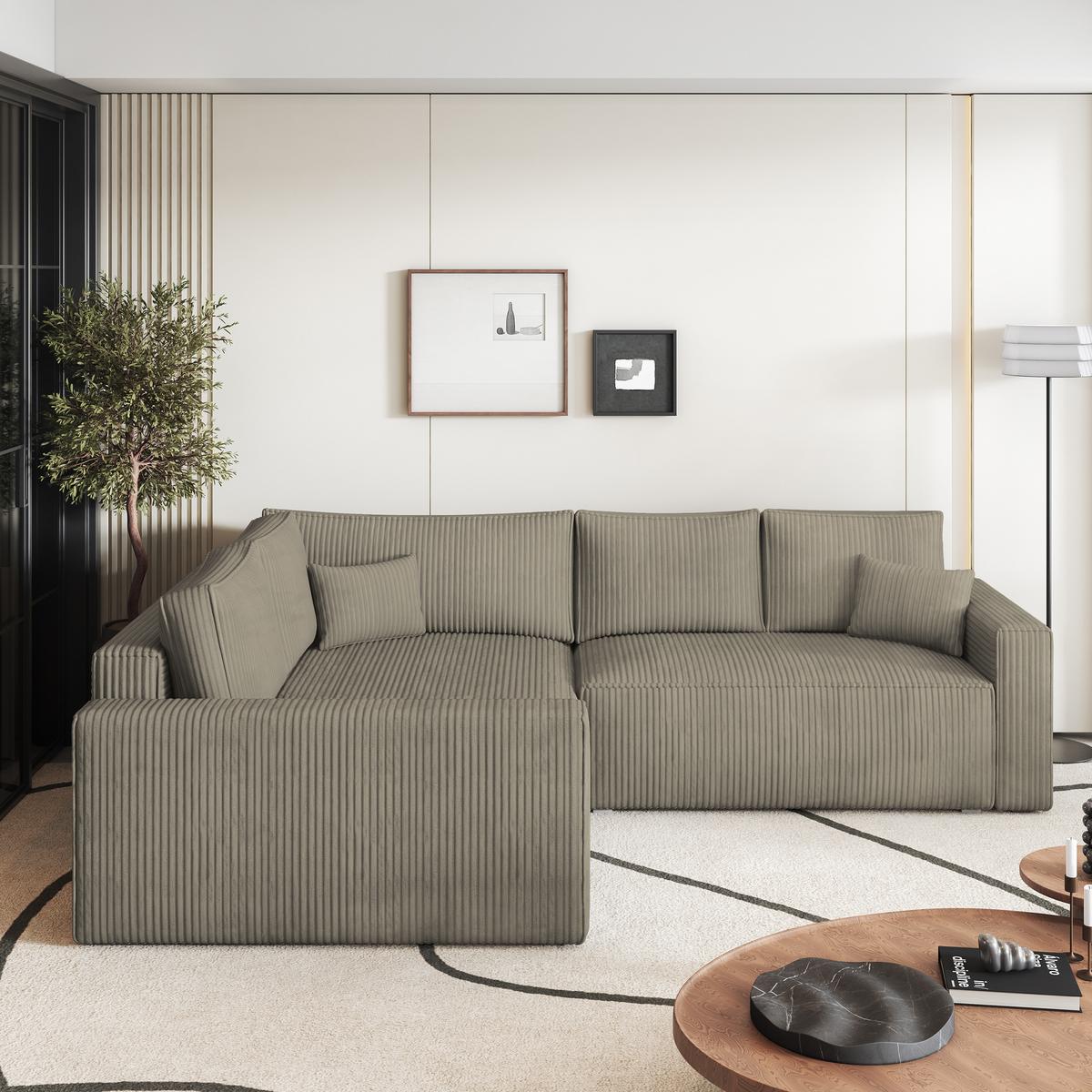 ECKSOFA ERONIS L-S Beige Kordstoff mit Schlaffunktion - Beige, Holz (265/194cm) - MASSENO
