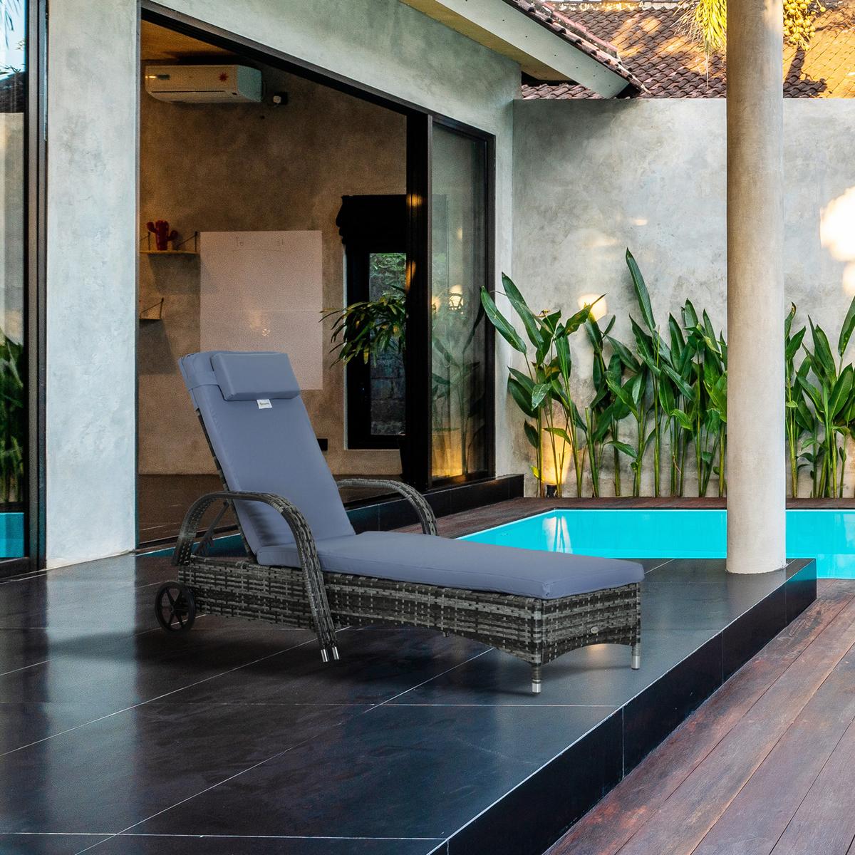 SONNENLIEGE, Polyrattan+Metall, Grau - Multicolor, Kunststoff (73/103/200cm) - Outsunny