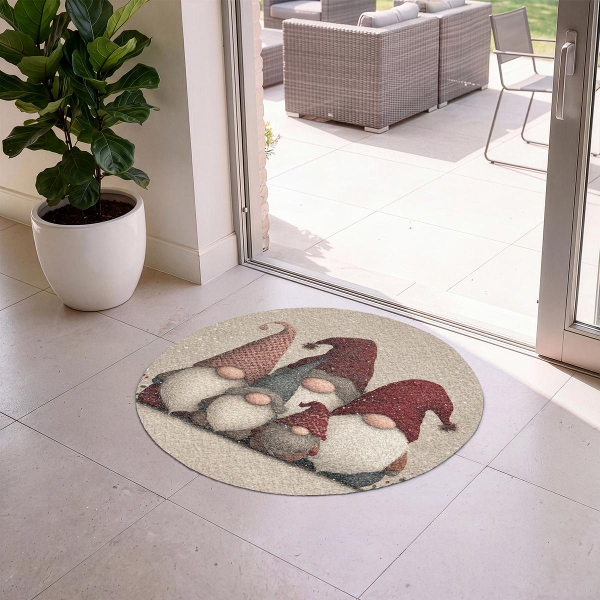 FUSSMATTE Wichtel - Weihnachten - Schnee - Zipfelmützen Türmatte 90x90 cm - Beige, Kunststoff (90/0.4cm) - MuchoWow