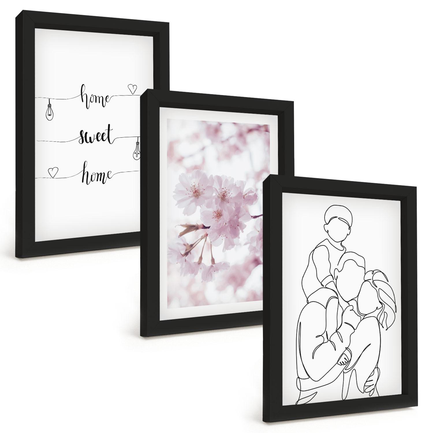 BILDER SET 3er Set - 20x30 cm Schwarzer Rahmen - Blumenfamilie minimalistisch - Schwarz, Kunststoff (20/30cm) - TULUP