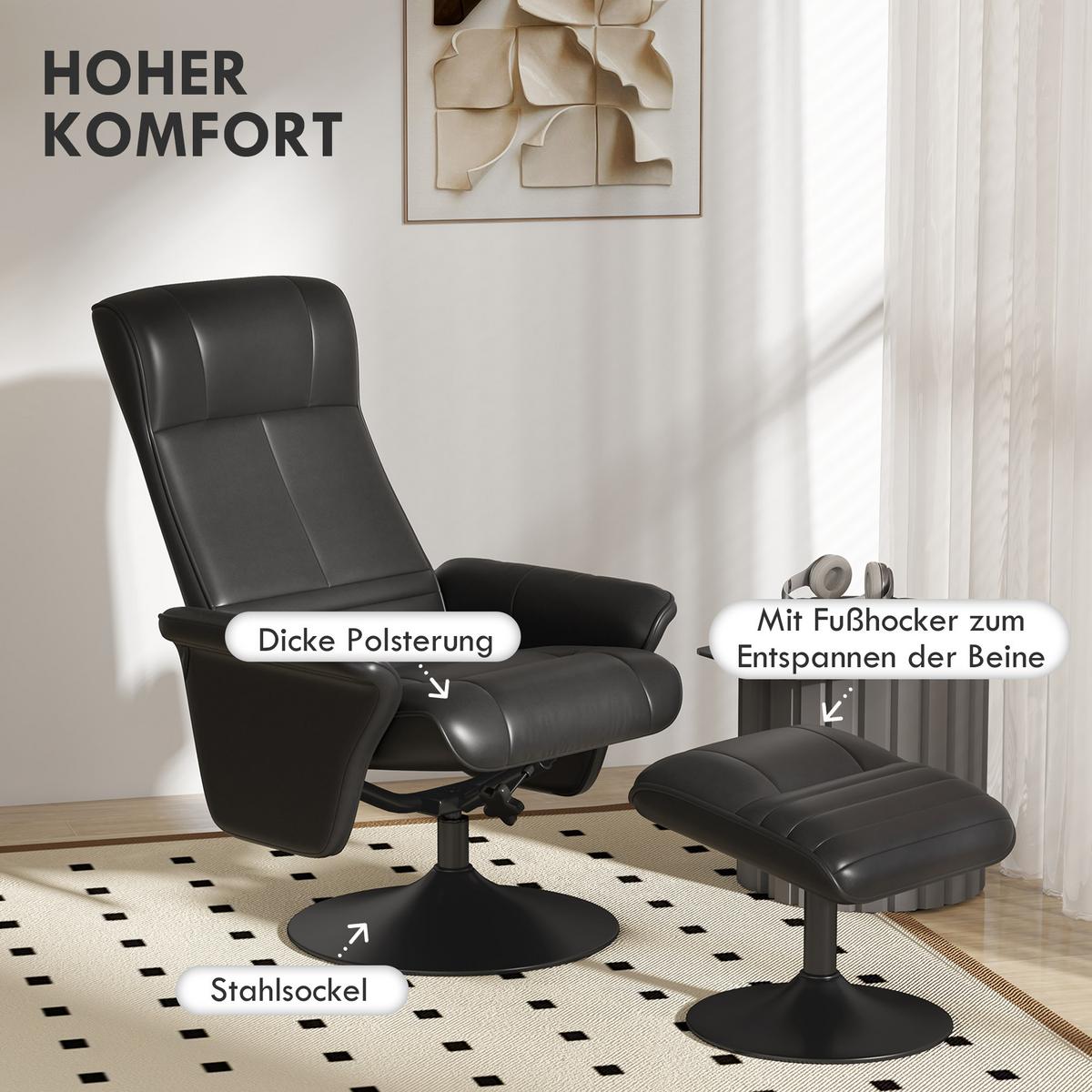 RELAXSESSEL mit Hocker Drehbarer Fernsehsessel mit Liegefunktion Mikrofasertuch - Schwarz, Textil/Metall (71/104/69cm) - HOMCOM