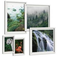 BILDER SET 5er Set - 50x50 cm & 20x30 cm & 40x60 cm Weißer Rahmen - Tiger Wasserfall Flamingos Natur - Weiß, Kunststoff (40/60cm) - TULUP