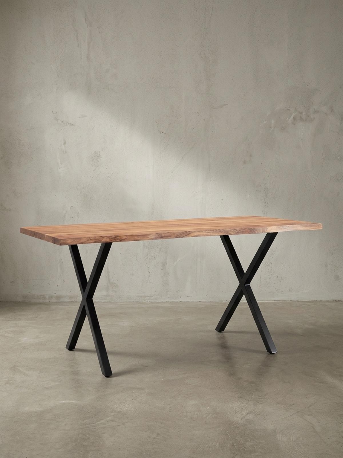 SCHREIBTISCH Massivholz X-Gestell Baumkante Handgefertigt KRETA, Goldbraun-Schwarz 180x90x76 cm - Schwarz/Braun, Holz/Metall (90/180/76cm) - KADIMA DESIGN