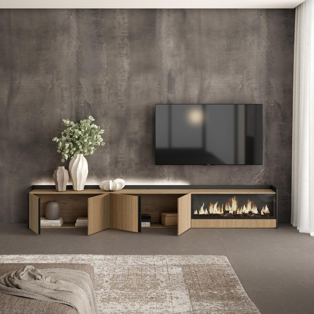 LOWBOARD, Eiche und Schwarz, 315/35/50cm, Elektrokamin XXL, Led - Eichefarben, Holzwerkstoff (315/50/35cm) - Skraut Home