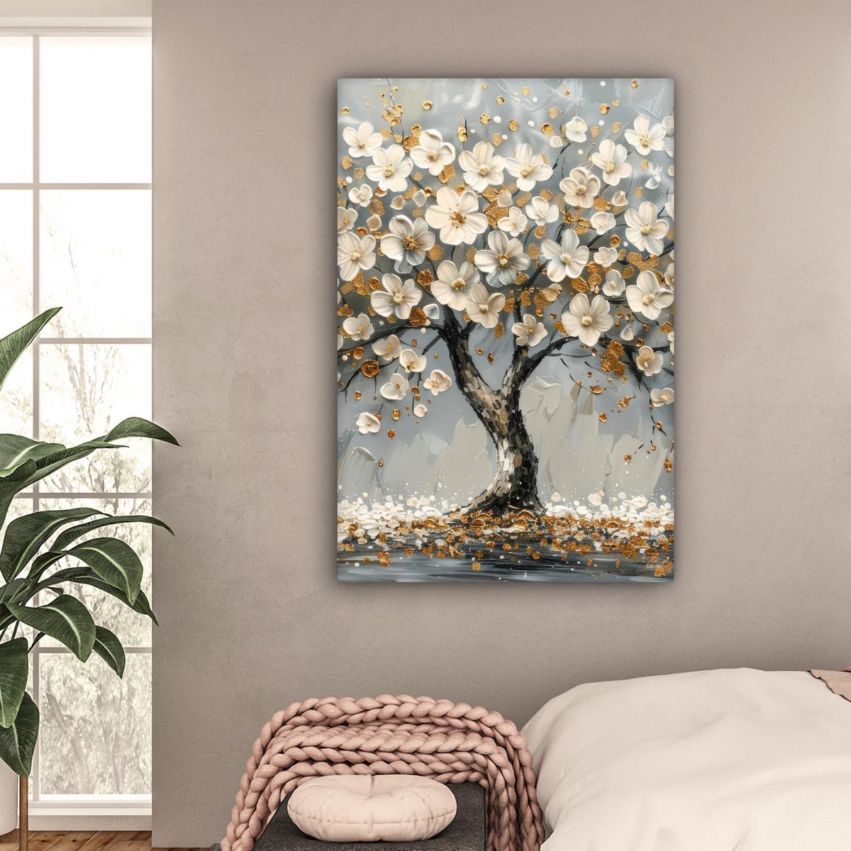 LEINWANDBILD Baum - Blumen - Weiß - Natur - Kunst Deko XXL 80x120 cm - Weiß, Textil (80/120cm) - MuchoWow