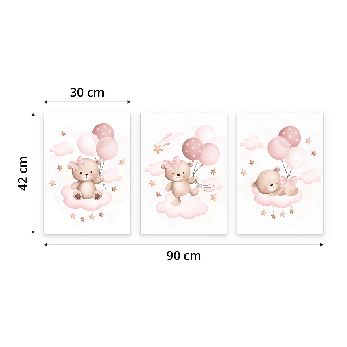 POSTER SET für Kinderzimmer Teddybären Ballons Wolken Sterne 3x Poster A3 30x42cm - Beige/Rosa, Papier (30/42/1cm) - Muralo